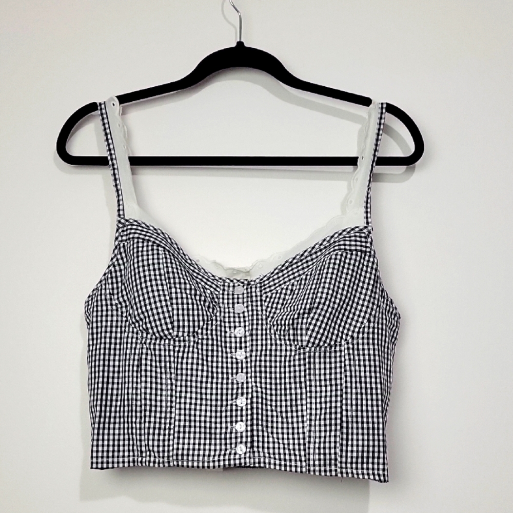 SIM & SAM WOMEN'S GINGHAM PLAID CORSET BUTTON DOWN CROP TOP SIZE LARGE NWT